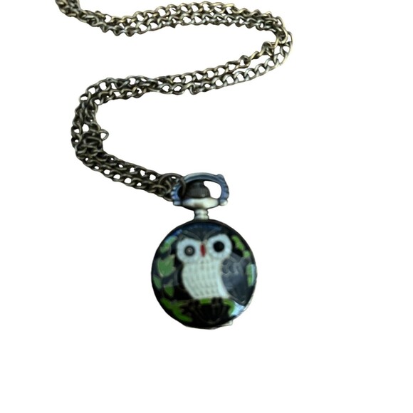 Vintage Owl Watch Chain Necklace Steampunk Retro Bronze Tone Enamel Quartz 32" - Picture 2 of 4